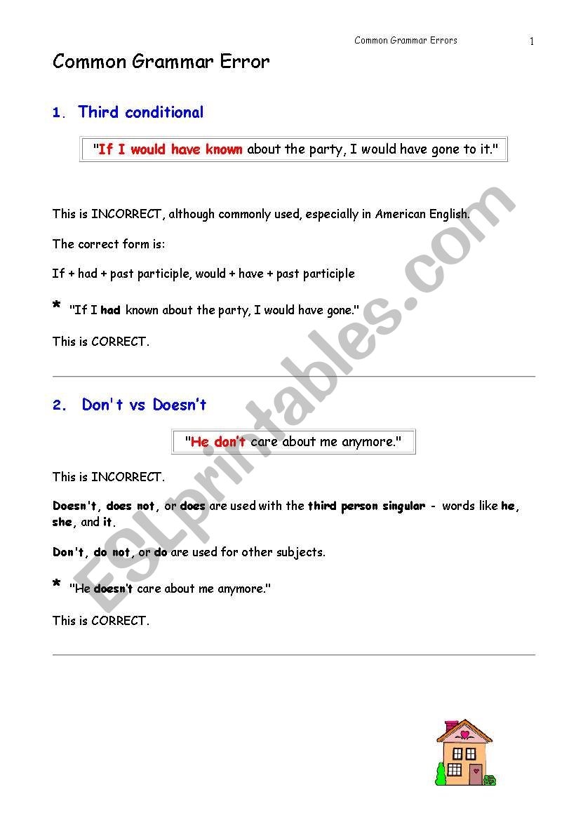 Common Grammar Errors Worksheet Common Grammar Errors Worksheet