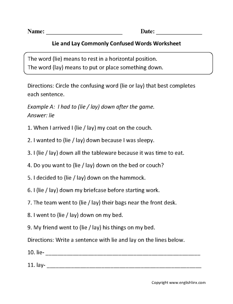 Commonly Confused Words Worksheets Lie And Lay Commonly Confused Words Worksheets