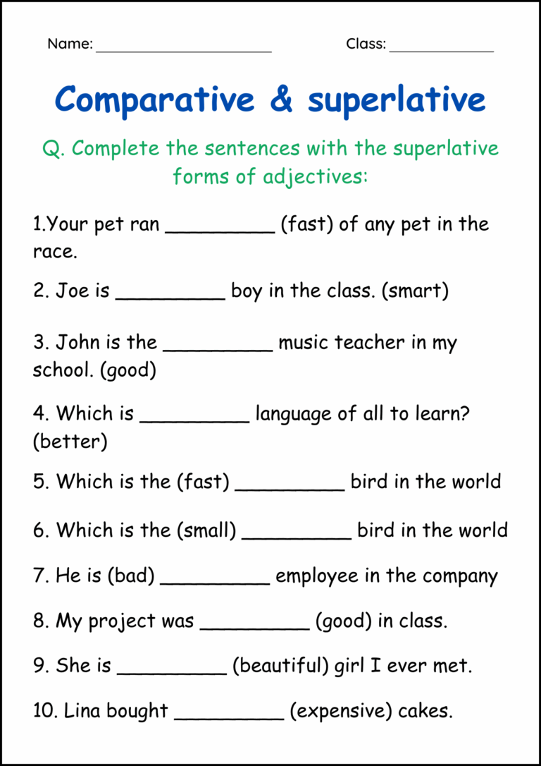 Comparative And Superlative Adjectives Grammar Worksheets For Grade 1 2 3 Made By Teachers