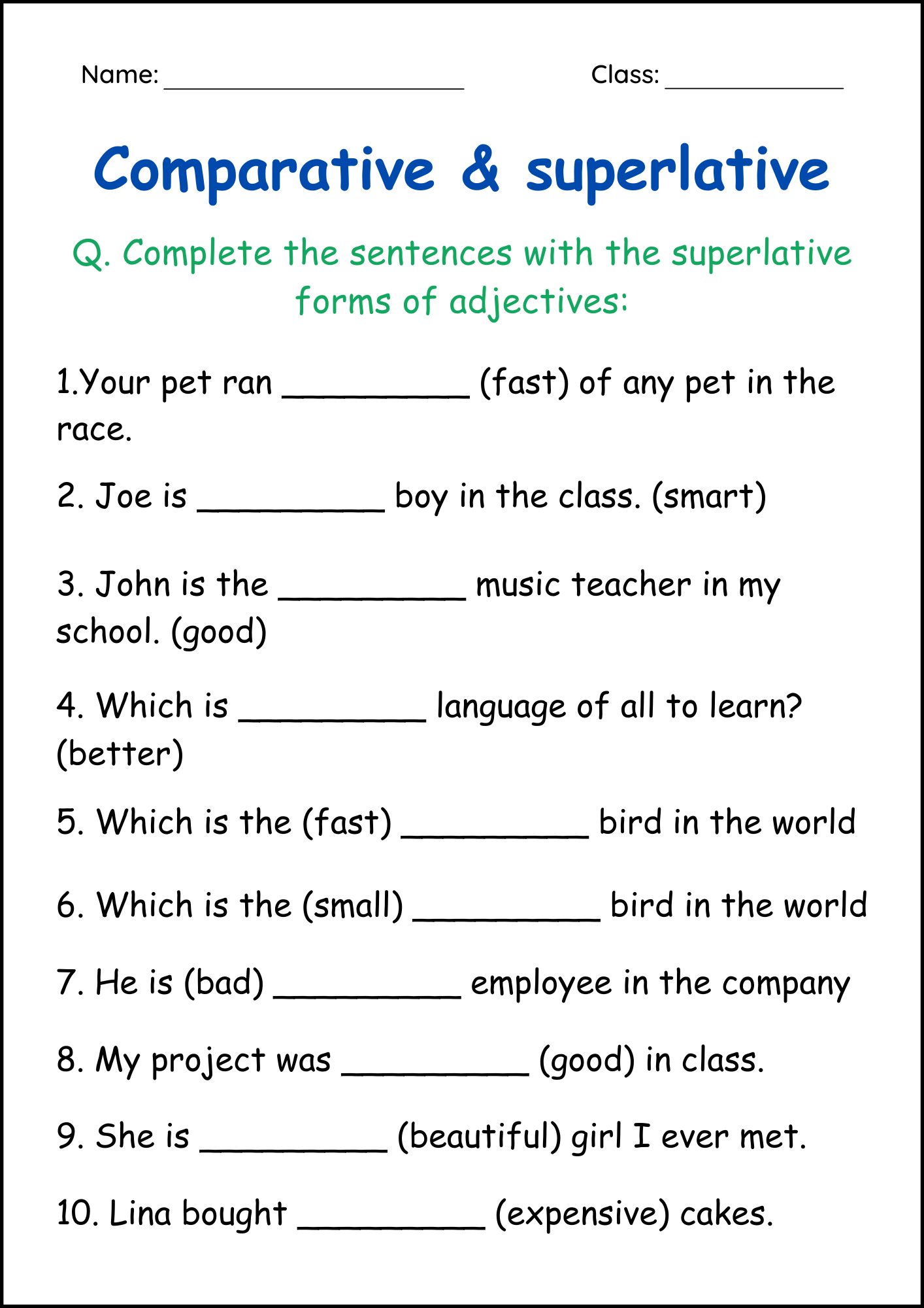Comparative And Superlative Adjectives Grammar Worksheets For Grade 1 2 3 Made By Teachers Comparative And Superlative Adjectives Grammar Worksheets For Grade 1 2 3 Made By Teachers
