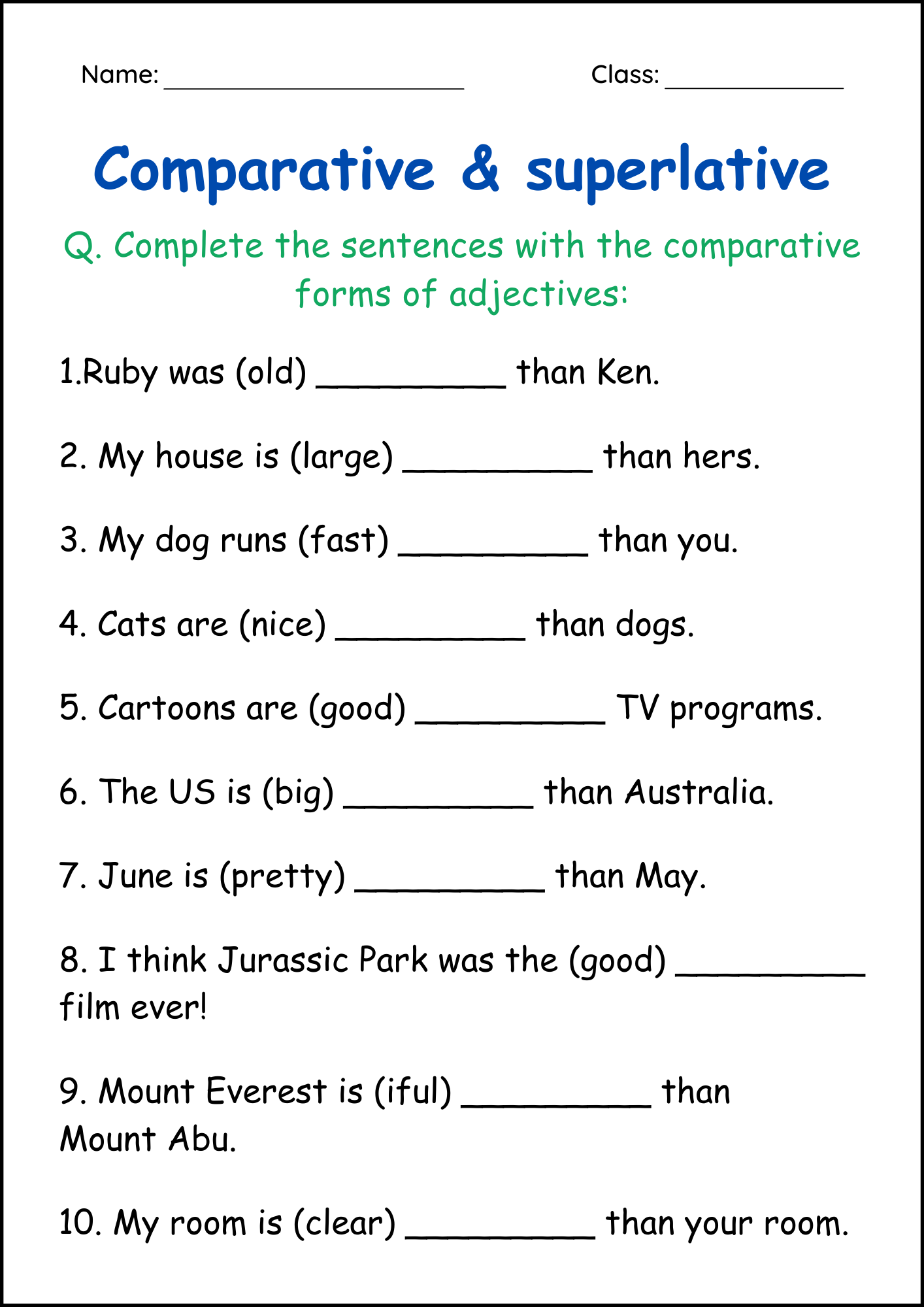 Comparative And Superlative Adjectives Grammar Worksheets For Grade 1 2 3