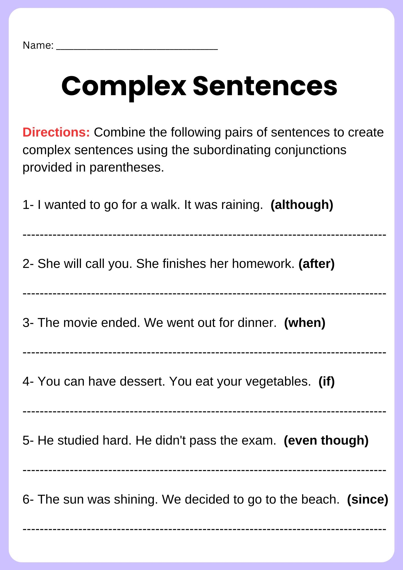 Complex Sentences Worksheets Grammar Practice