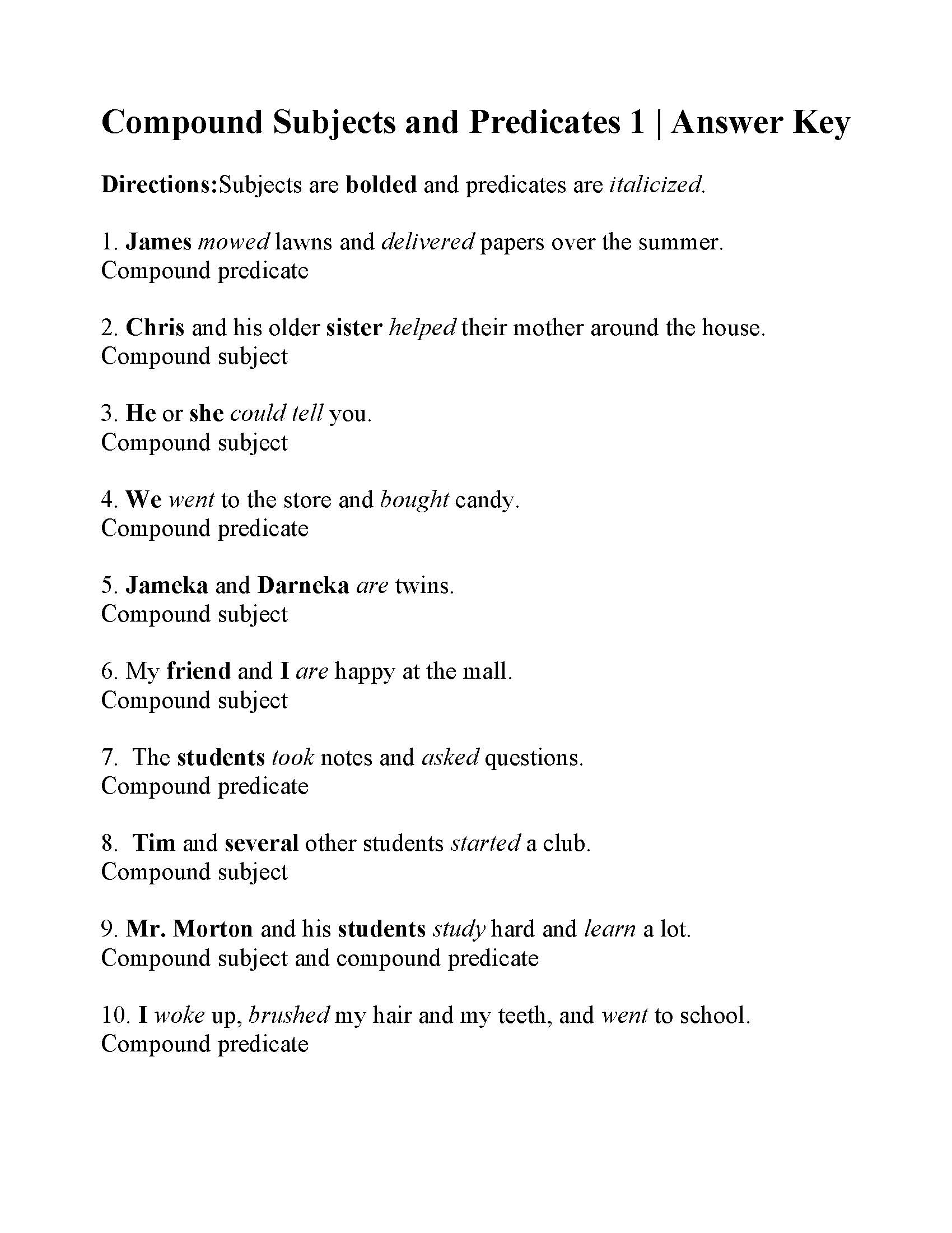 Compound Subjects And Predicates Worksheet Sentence Structure Activity