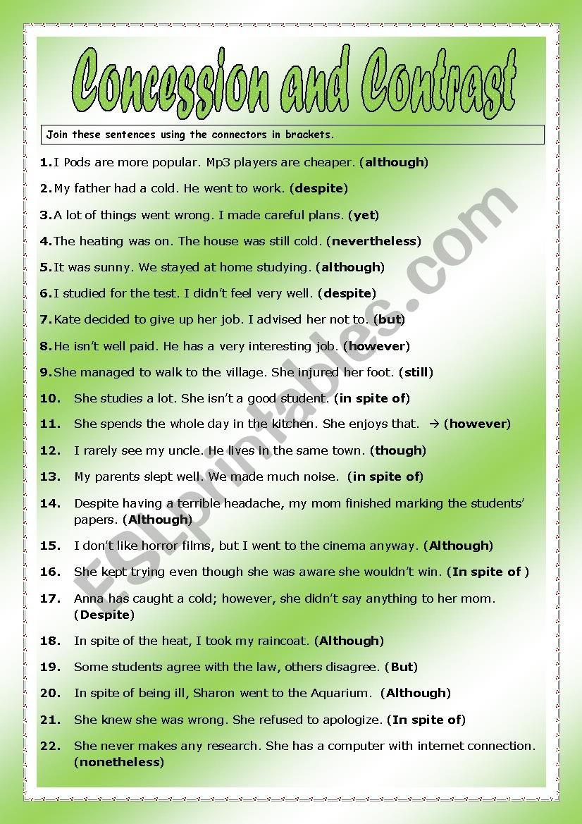 CONCESSION AND CONTRAST LINKING WORDS ESL Worksheet By Badr a7
