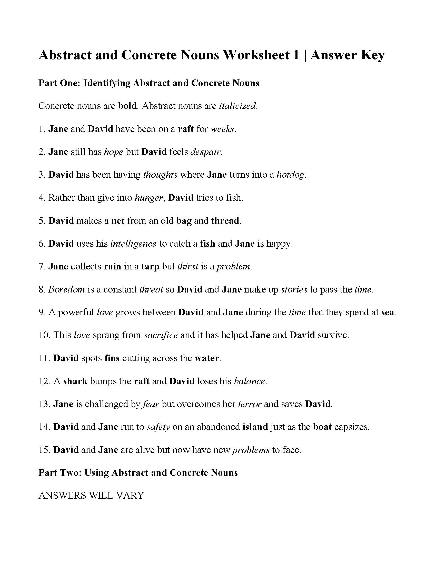 Concrete And Abstract Nouns Worksheet Answers