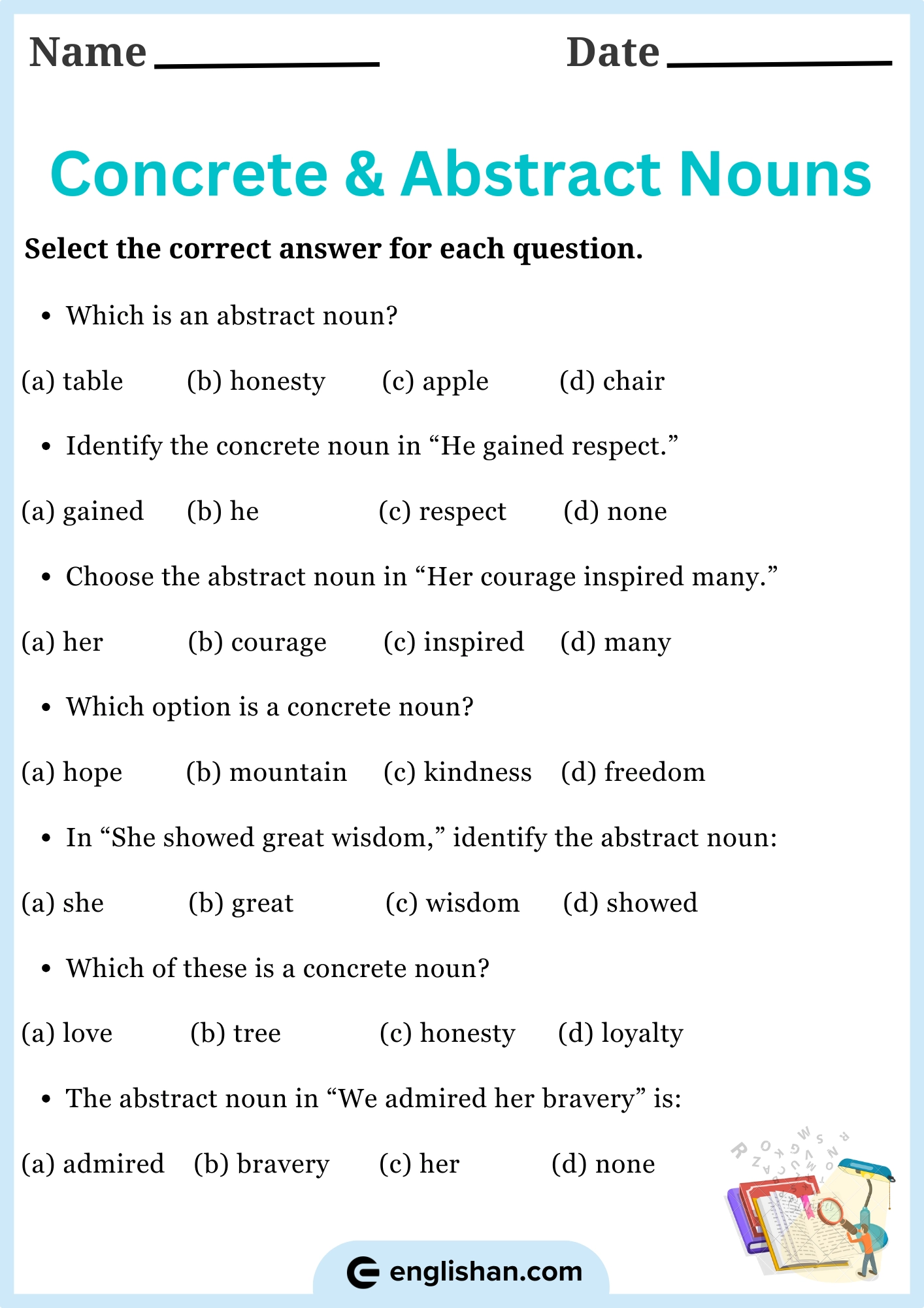 Concrete And Abstract Nouns Worksheets With Answers
