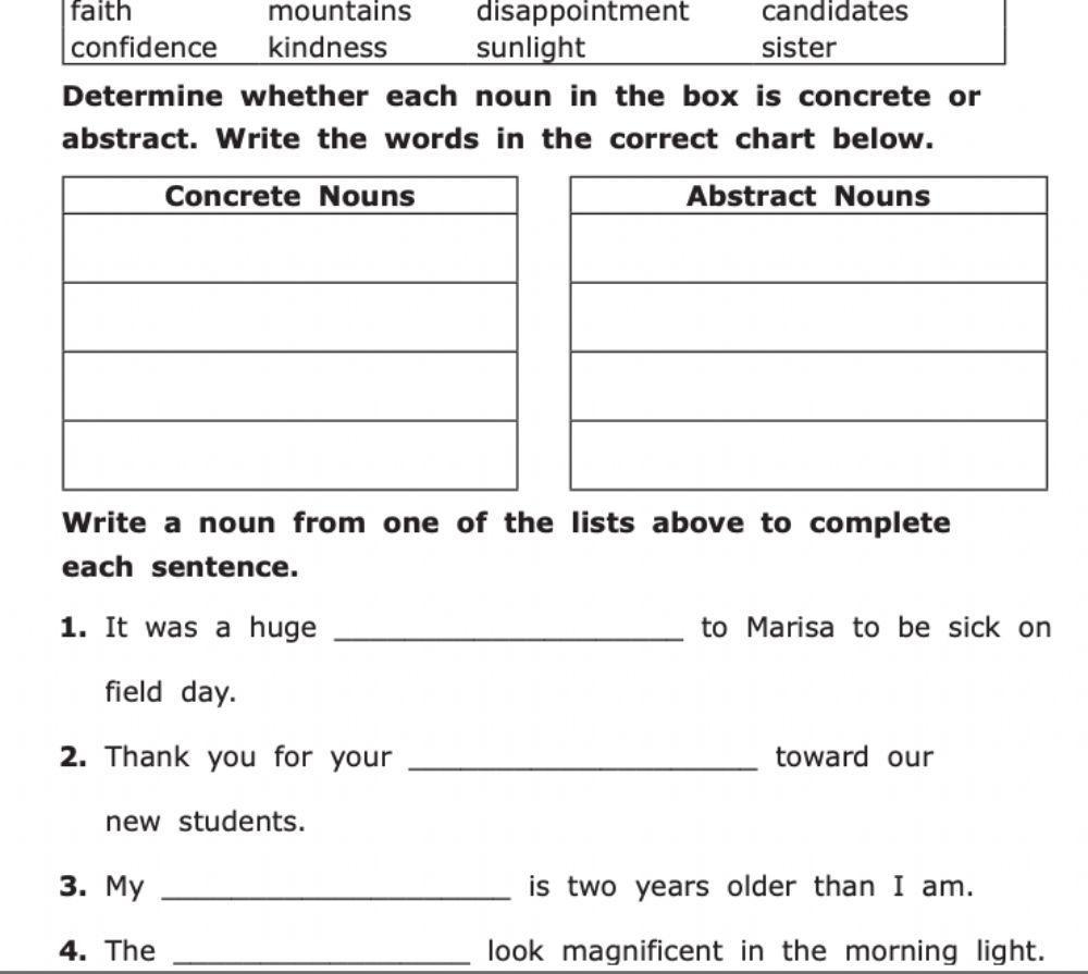 Grammar Abstract And Concrete Nouns Worksheet