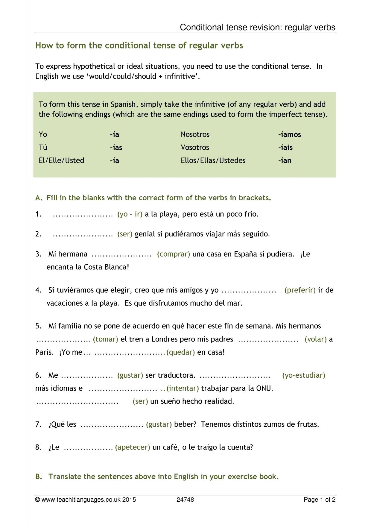 Conditional Worksheet Verbs And Tenses KS3 5 Spanish Teaching 