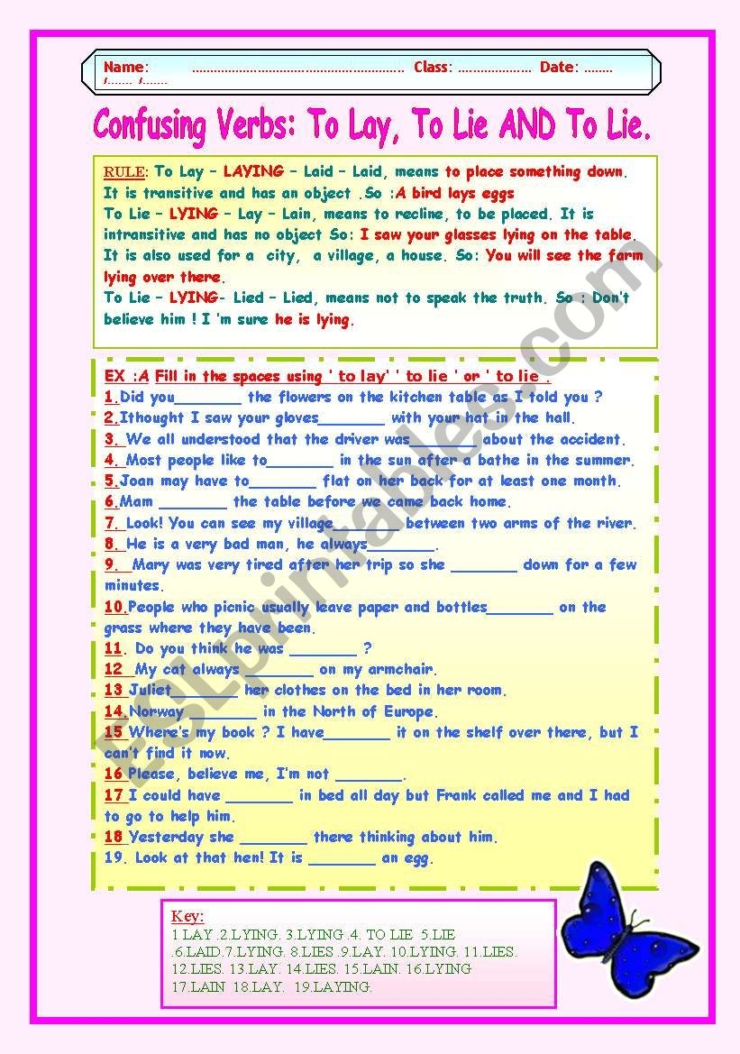 CONFUSING VERBS TO LAY TO LIE AND TO LIE ESL Worksheet By LUCETTA06