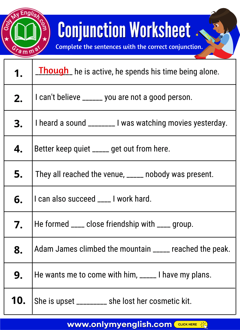 Conjunctions In English Grammar Worksheet
