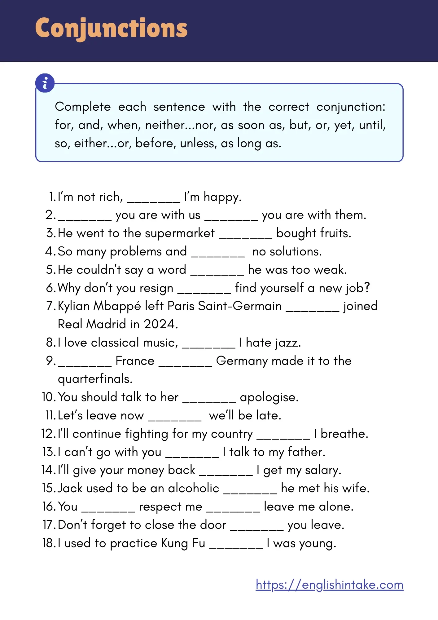Conjunctions Exercises With Answers Conjunctions Exercises With Answers