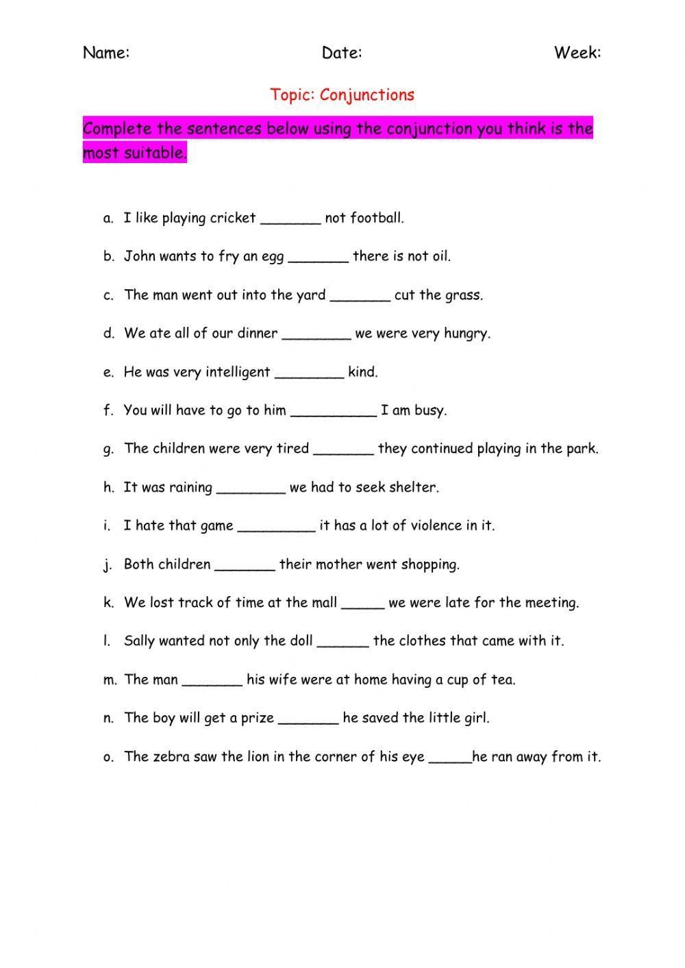 English Grammar Conjunction Worksheets English Grammar Conjunction Worksheets