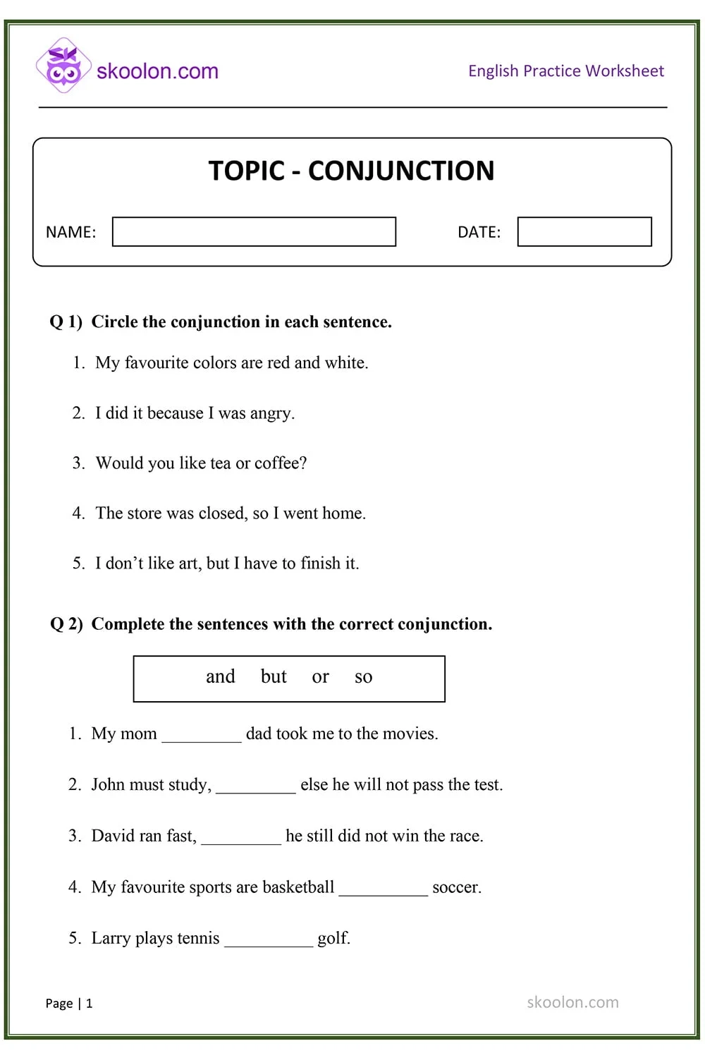 English Grammar Conjunction Worksheet English Grammar Conjunction Worksheet