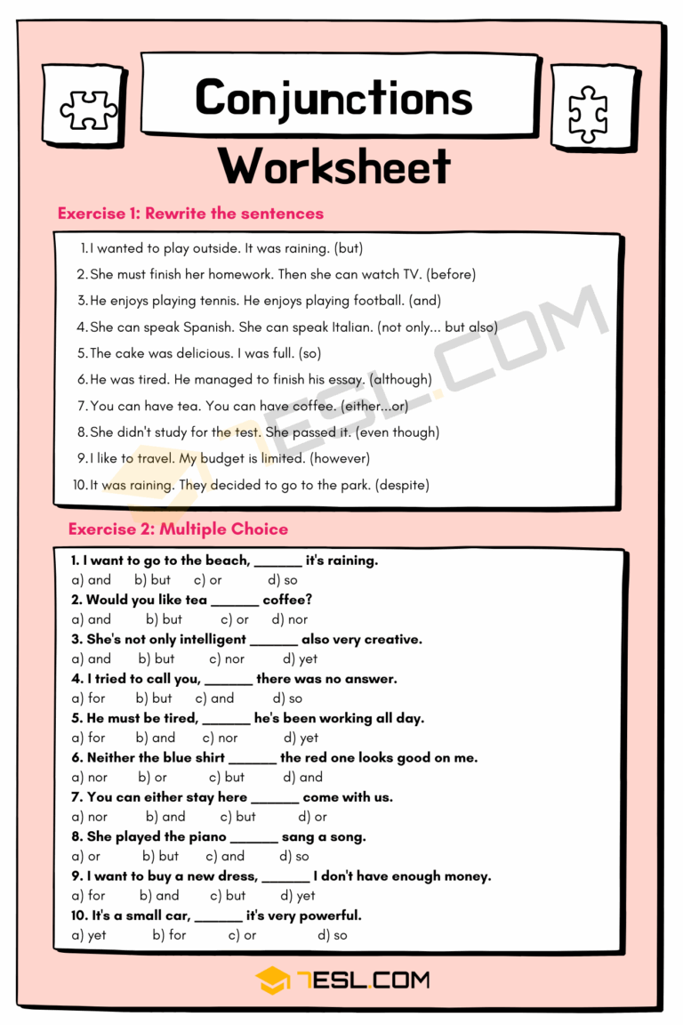 Conjunctions Worksheet Conjunctions Exercises 7ESL
