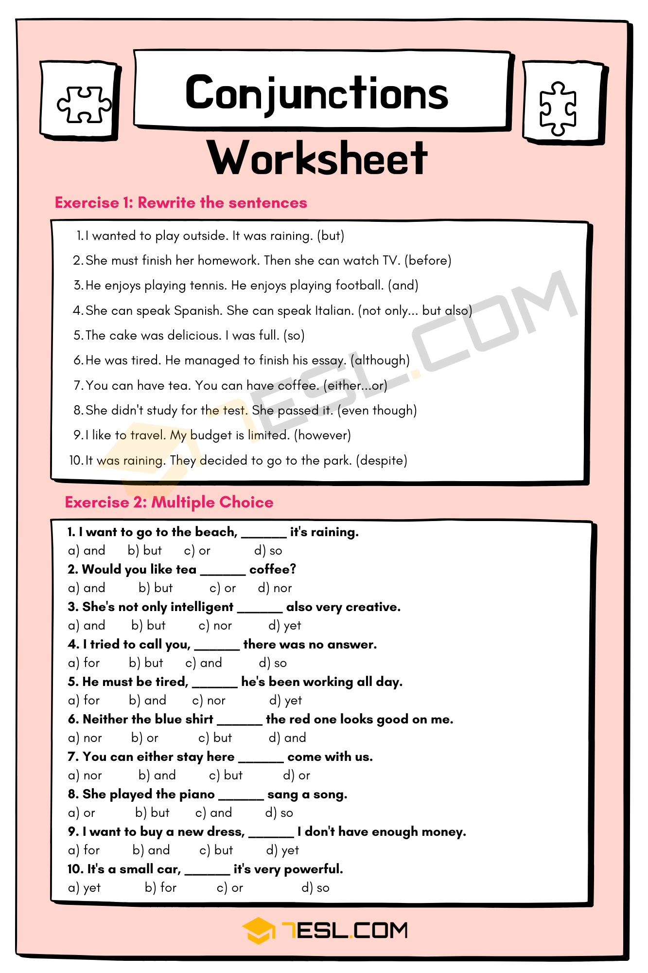 Conjunctions Worksheet Conjunctions Exercises 7ESL Conjunctions Worksheet Conjunctions Exercises 7ESL