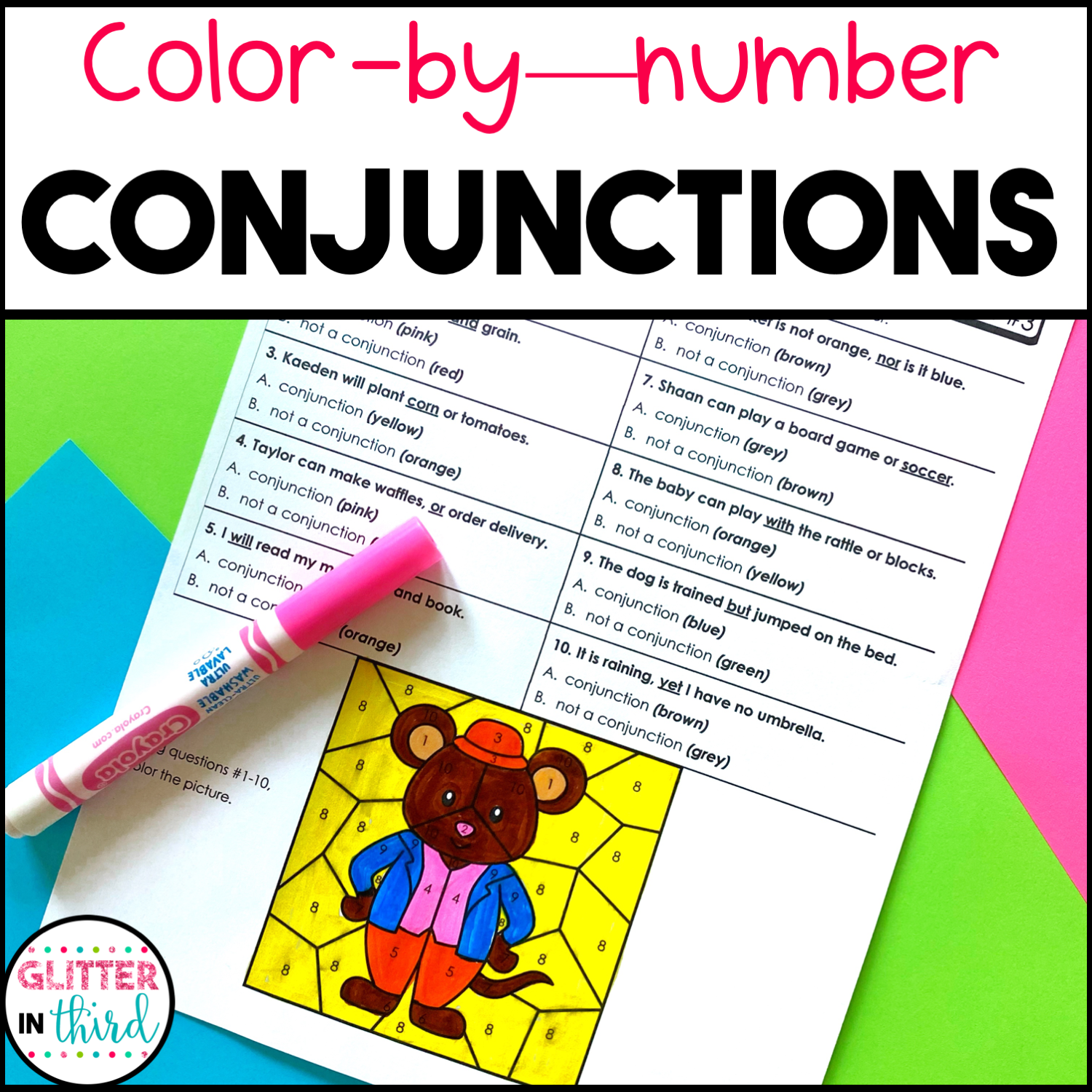 Conjunctions Worksheets Color By Number Grammar Glitter In Third