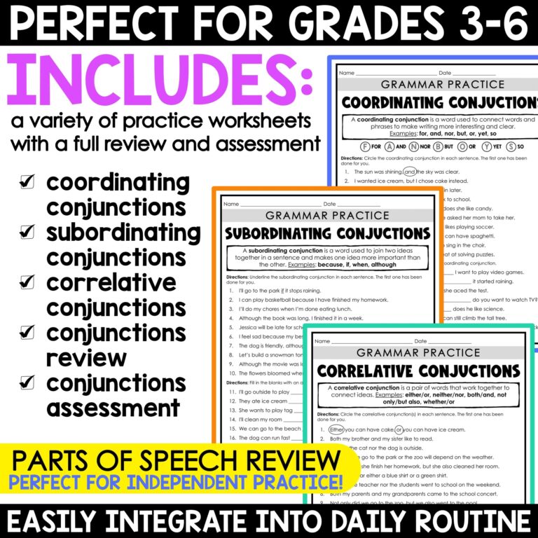 Conjunctions Worksheets Grammar Activities Parts Of Speech 