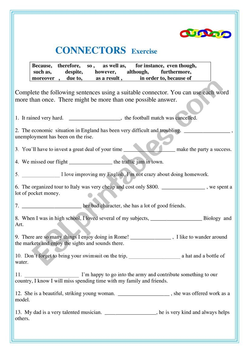 Connectors In English Grammar Worksheets