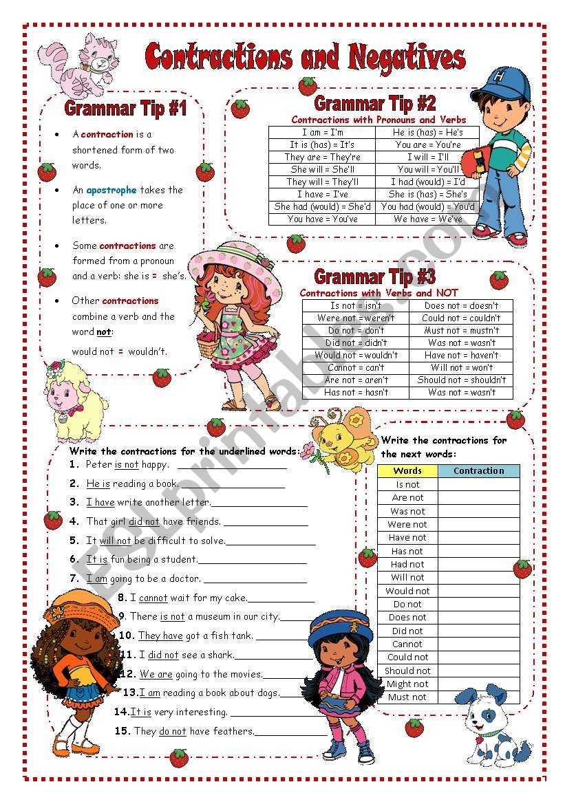 Contractions And Negatives ESL Worksheet By VaneV Contractions And Negatives ESL Worksheet By VaneV