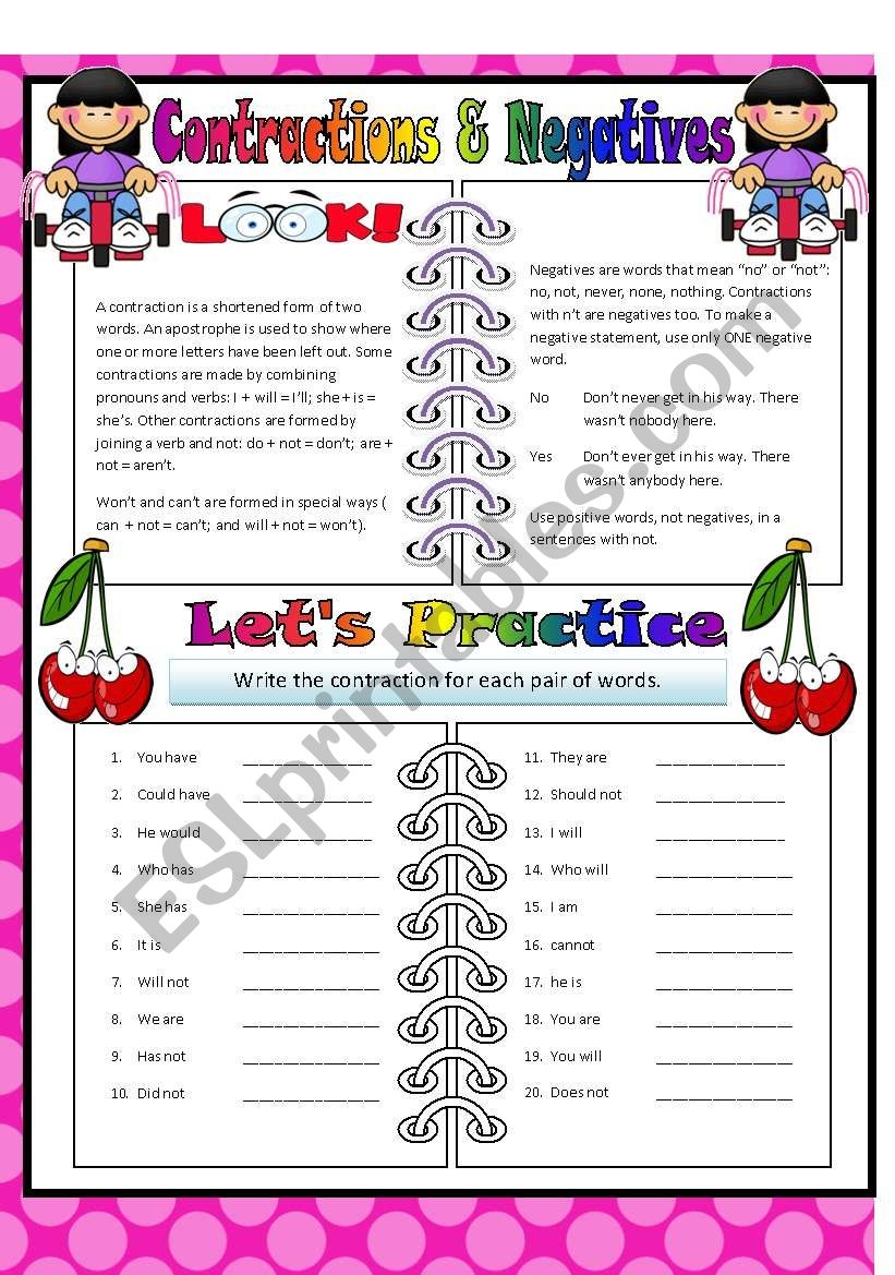 Contractions Negatives ESL Worksheet By Tech teacher