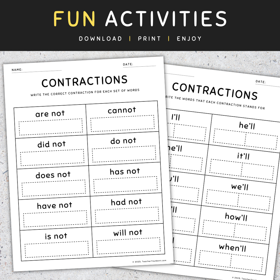Contraction Chart Grammar Worksheets
