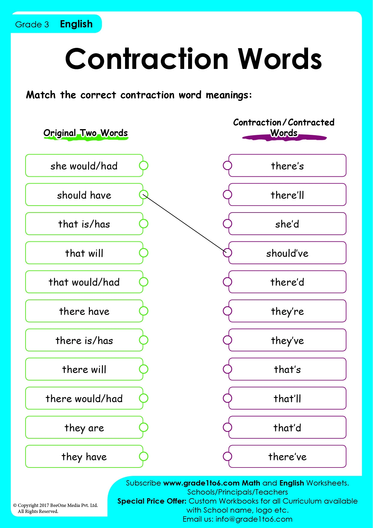 4th Grade Contractions Grammar Worksheets