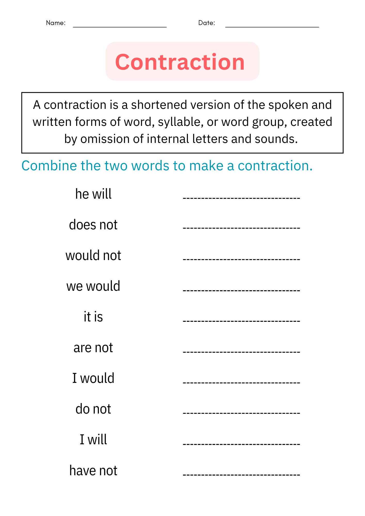 Contraction In Grammar Worksheets