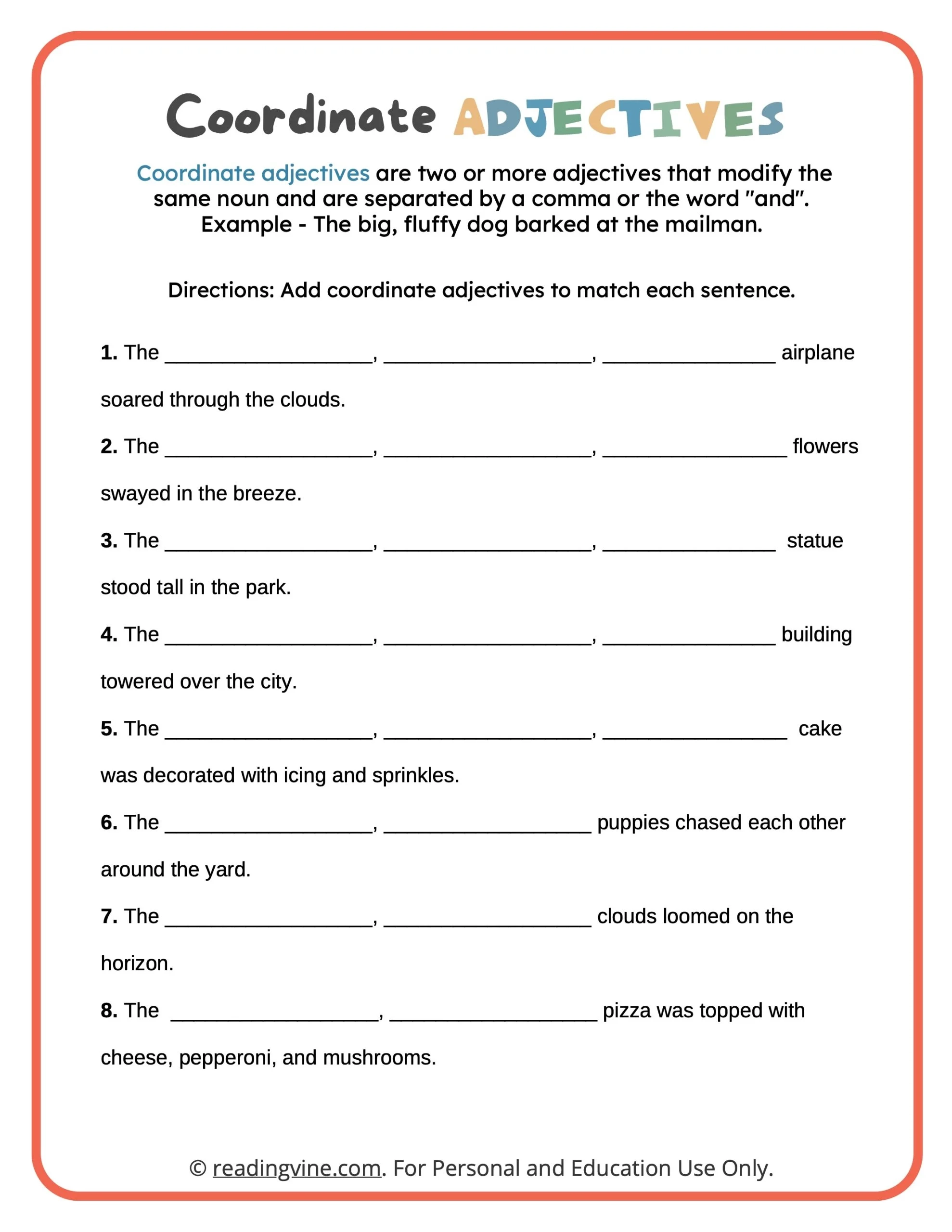 Coordinate Adjectives Worksheets ReadingVine Coordinate Adjectives Worksheets ReadingVine