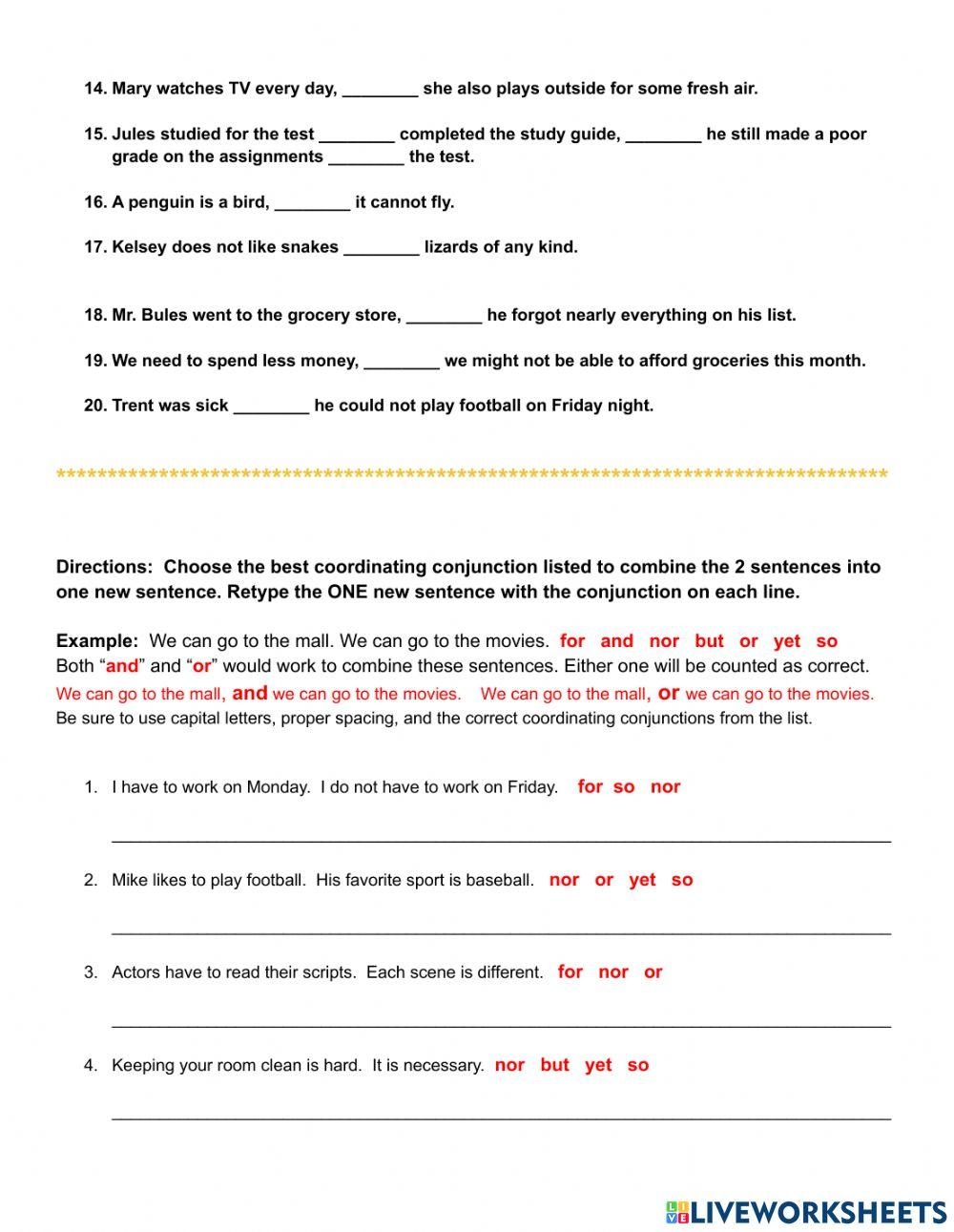 Coordination Grammar Worksheets Coordination Grammar Worksheets