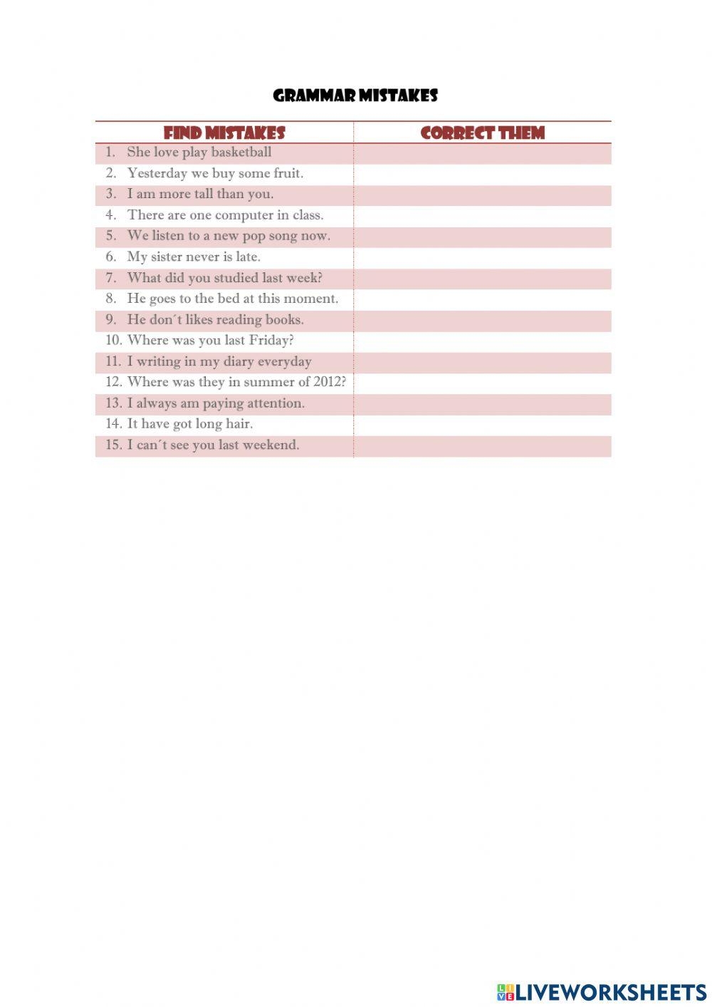 Fix Grammar Mistakes Worksheet Fix Grammar Mistakes Worksheet