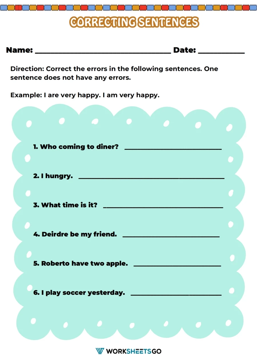 Grammar Correction Sentences Worksheet