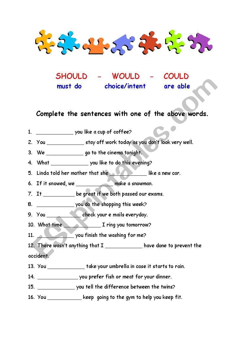 Could Would Should ESL Worksheet By Lynnden