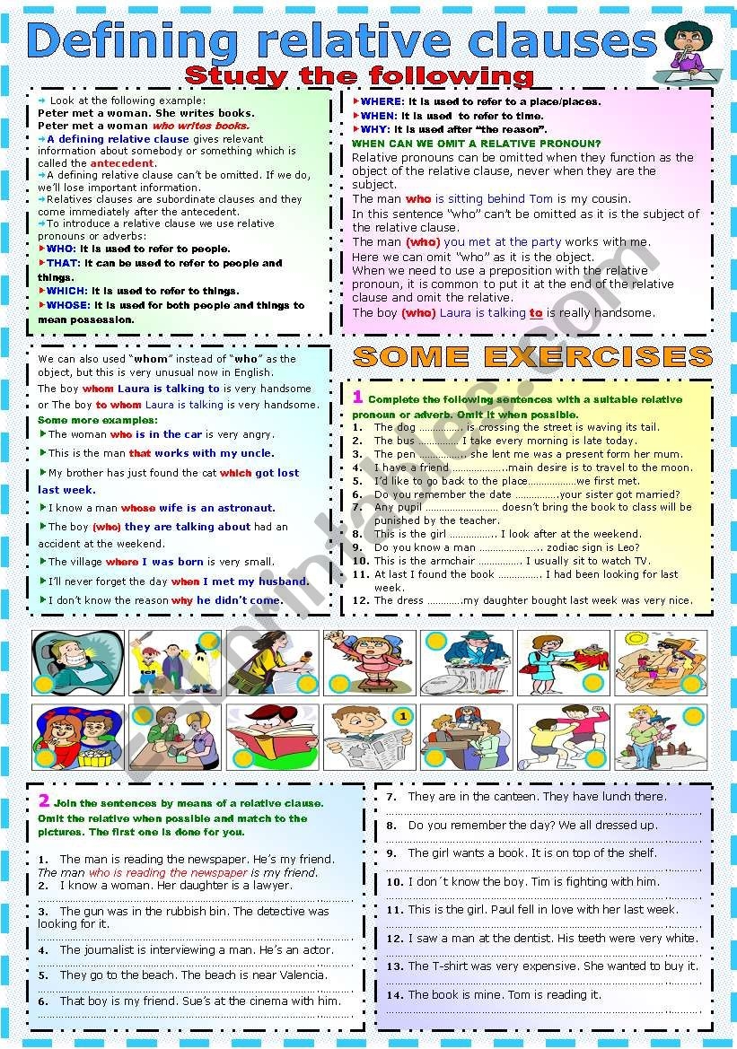 DEFINING RELATIVE CLAUSES GRAMMAR AND EXERCISES Bu0026W VERSION INCLUDED ESL Worksheet By Katiana