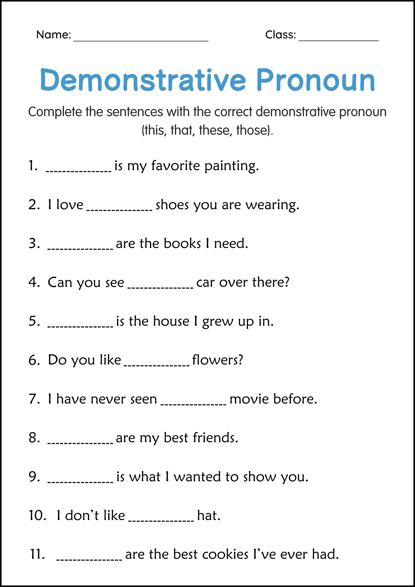 Demonstrative Pronouns Grammar Activity Worksheets Grade 1 2 3 Teaching Resources