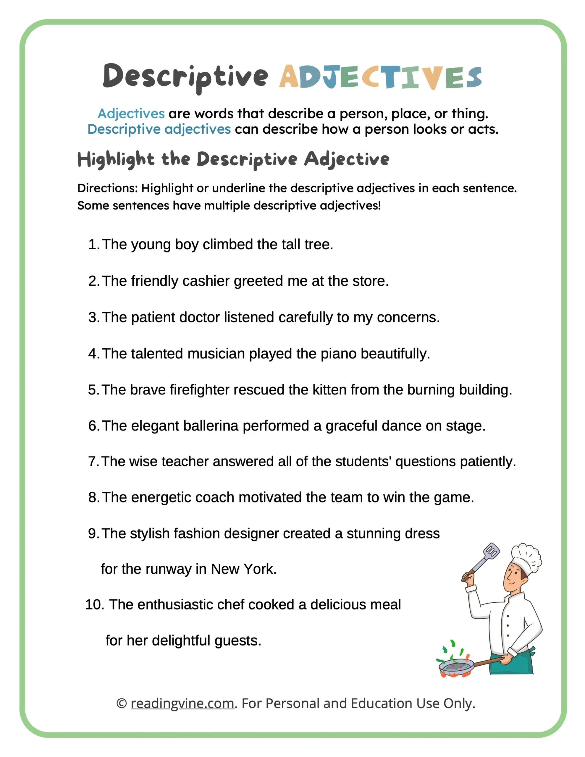 4th Grade Grammar Adjectives Worksheets