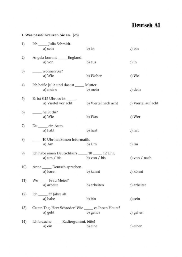Deutsch A1 Free Interactive Worksheets 420074