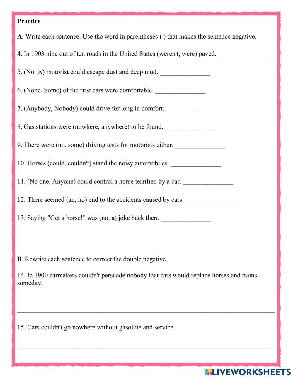 Identifying Negatives Grammar Worksheet