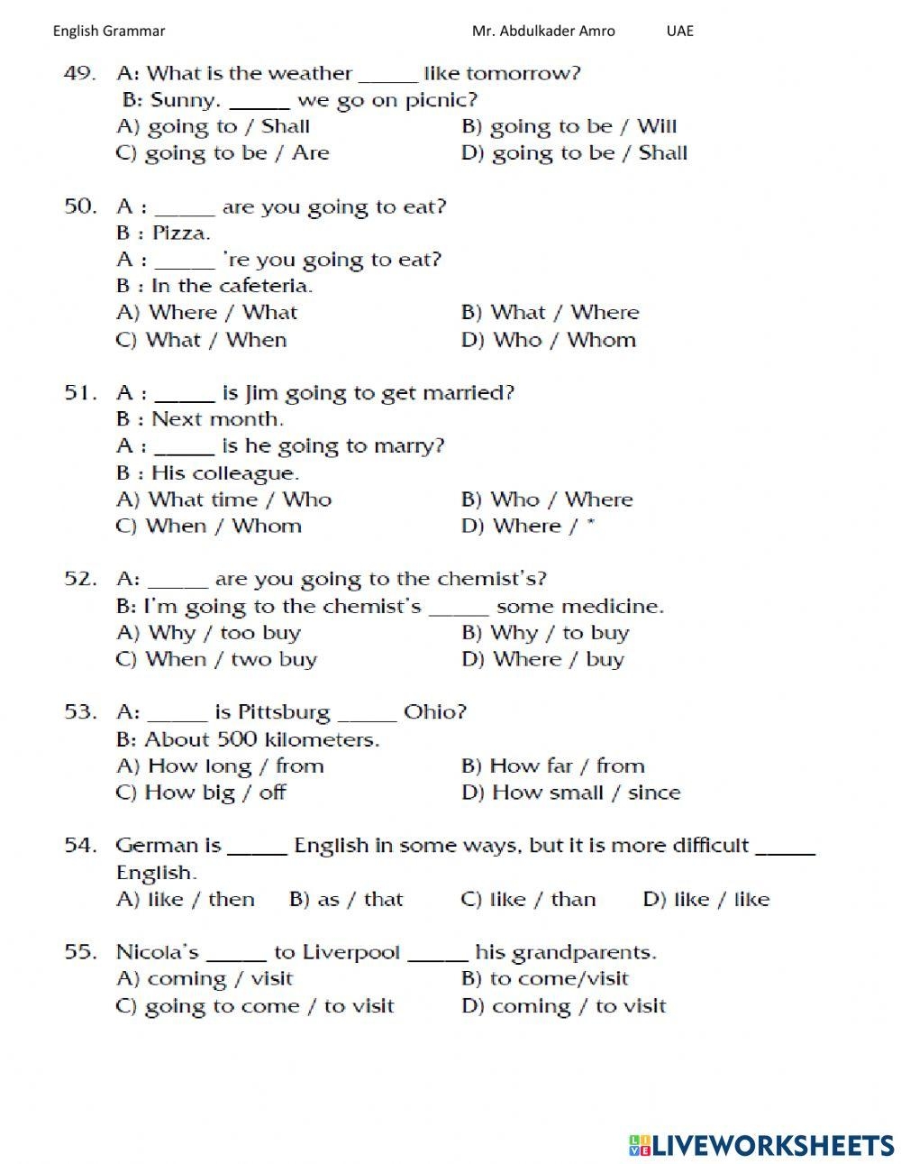 Weekly Grammar Worksheetmas 12 Answers