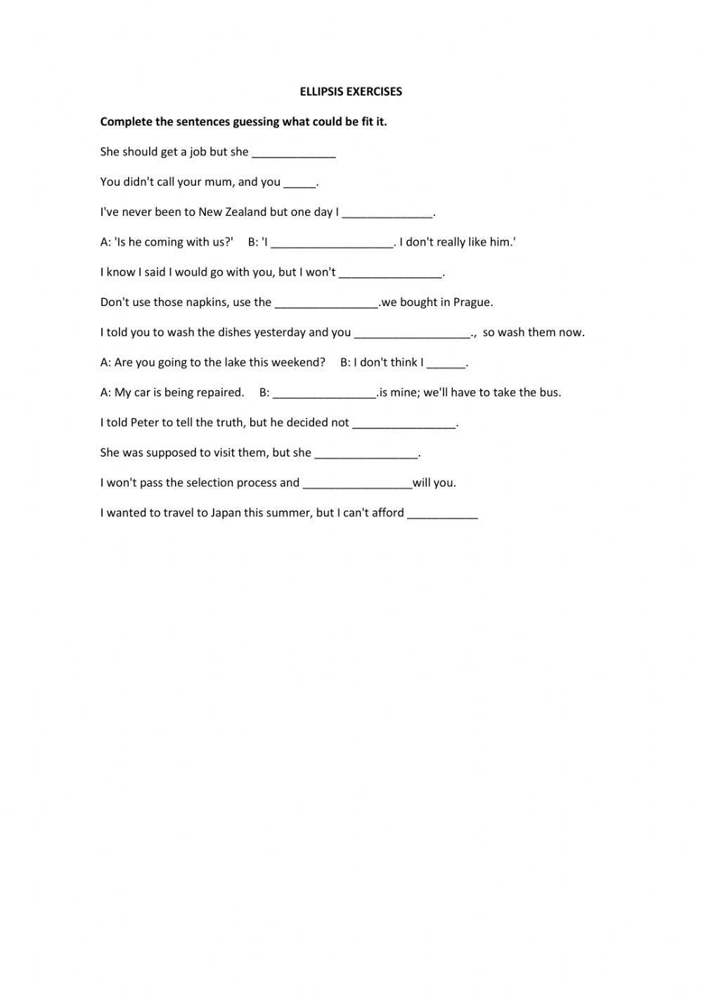 Ellipsis Worksheet Grammar