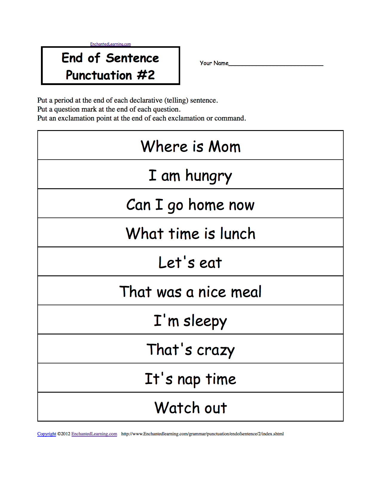 End Of Sentence Punctuation Printable Worksheets EnchantedLearning