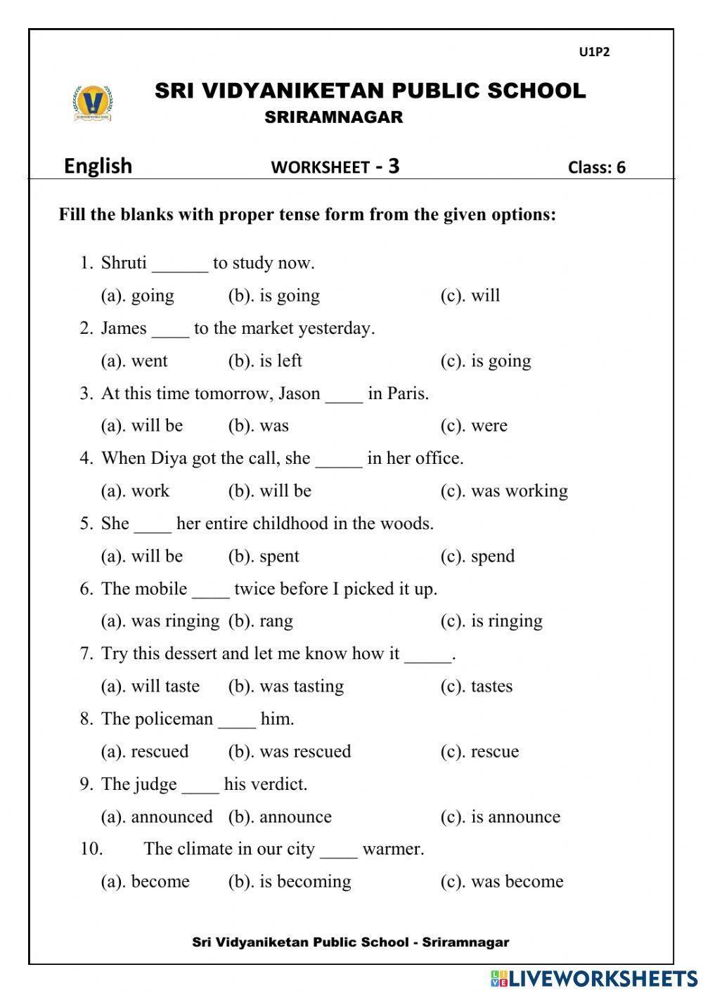 English Class 6 Free Interactive Worksheets 1188360