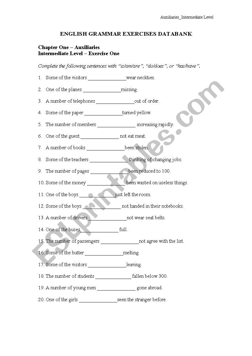 Intermediate Grammar Worksheet Esl