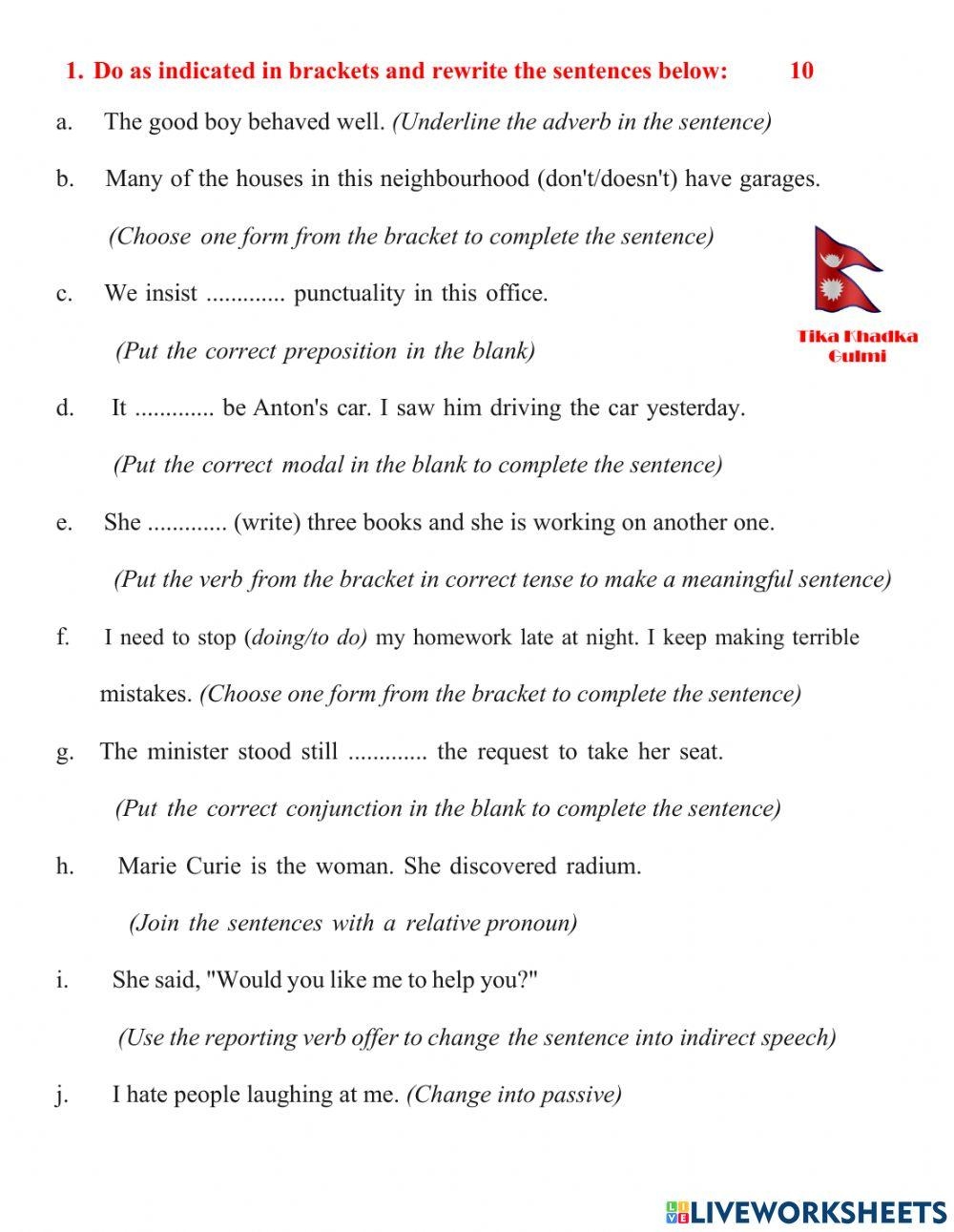 English Grammar Free Interactive Worksheets 1222183