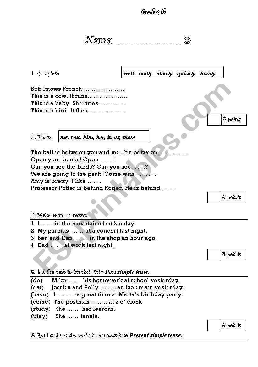 4th Grade English Grammar Worksheets