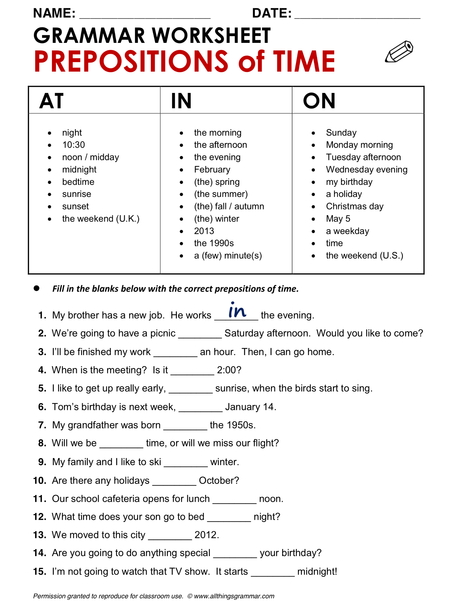 English Prepositions Worksheets