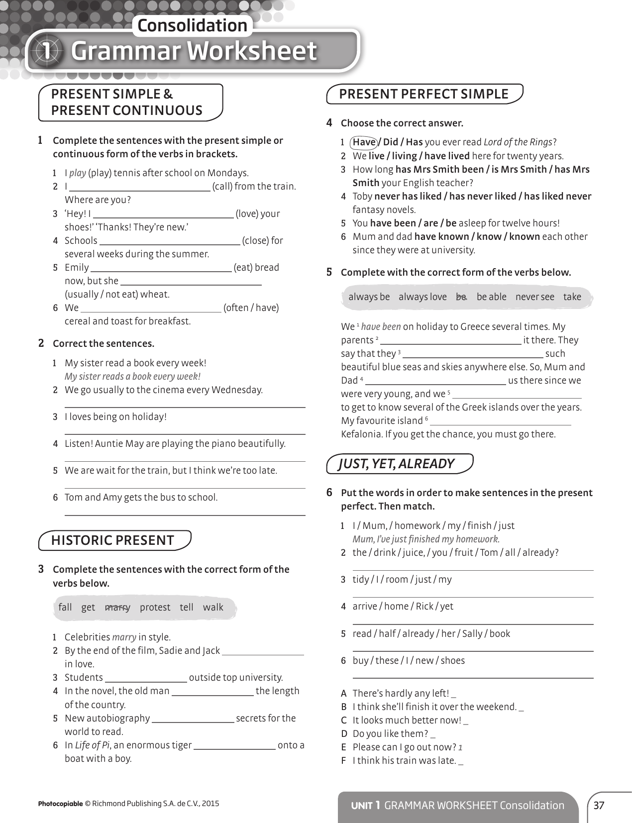 English Present Tenses Grammar Worksheet