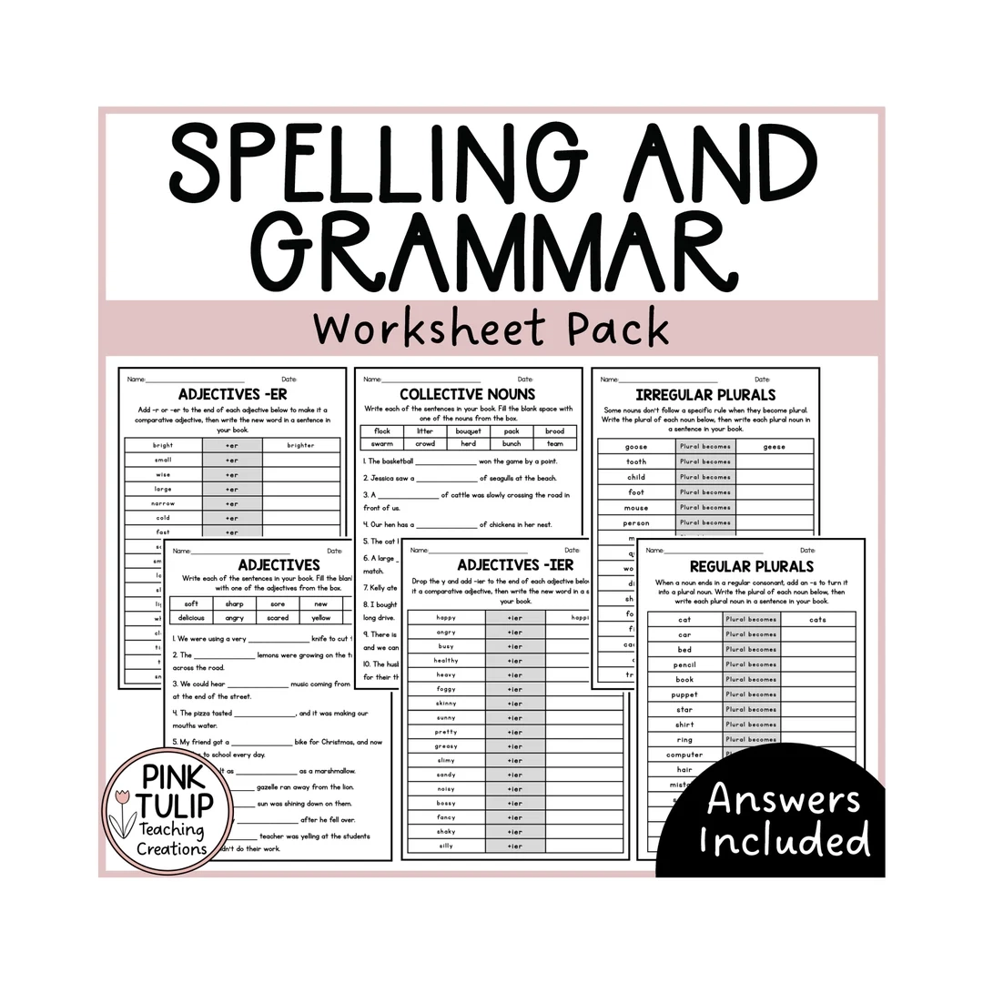 English Spelling And Grammar Worksheet Pack Etsy