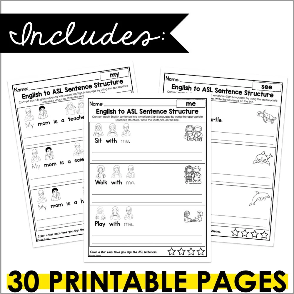 English To ASL Sentence Structure Worksheets Pre Primer Sight Words For Sign Language Grammar