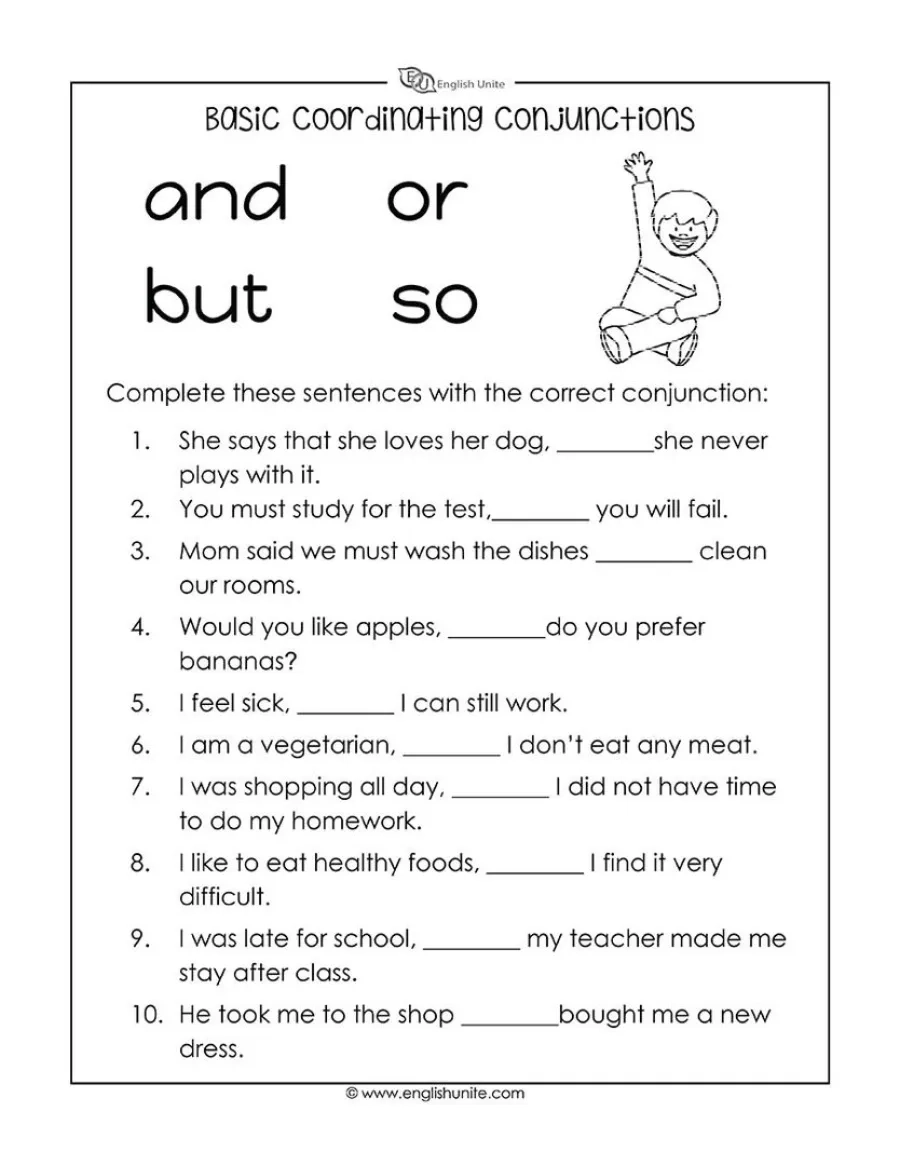 English Unite Basic Coordinating Conjunctions Worksheet