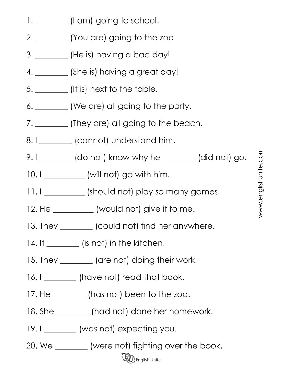 English Unite Grammar Worksheet Common Contractions
